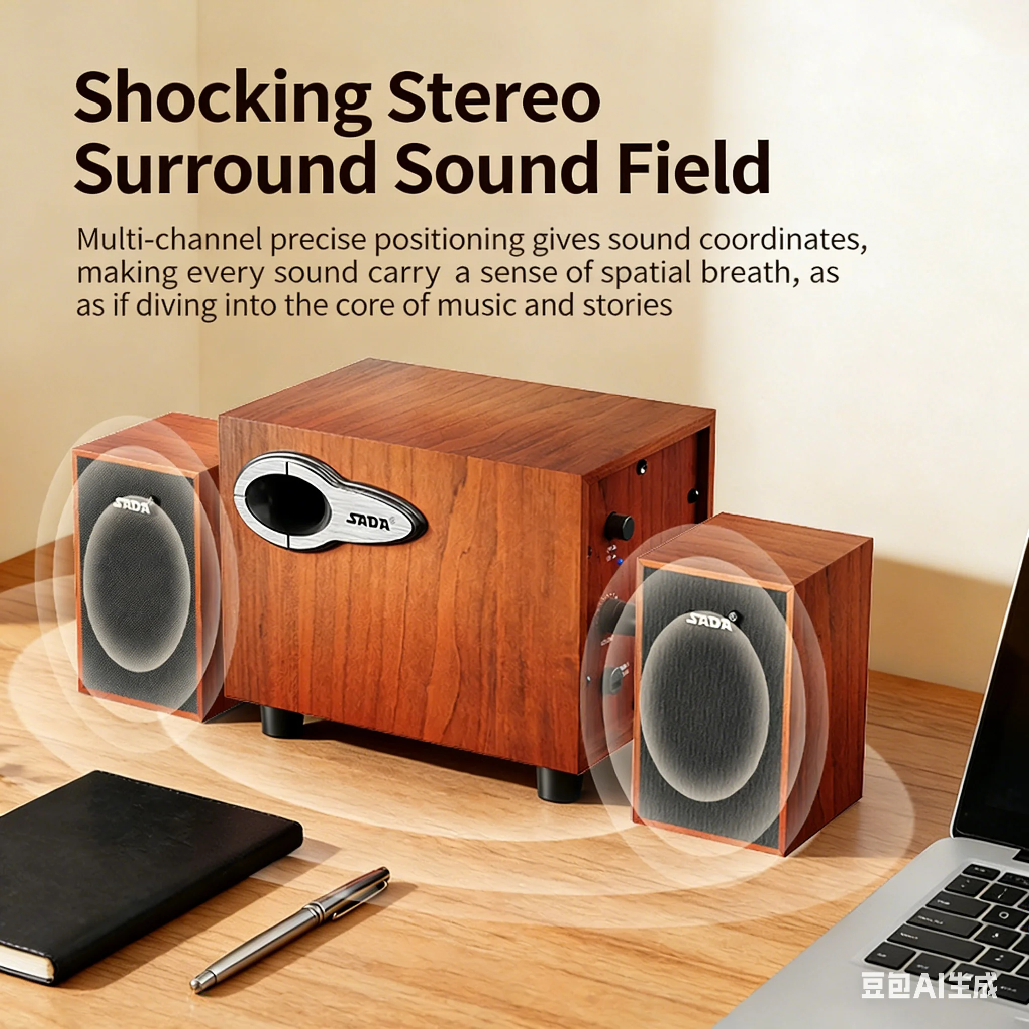 Gaming Speaker 2.1 - Houten 2.1-kanaals desktopluidsprekers, 4 inch subwoofer,