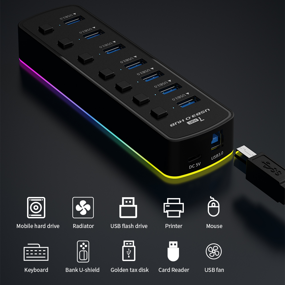 RGB USB 3.0 Hub 7 Poorten Data - Esports Gaming Splitter recensie en prijs